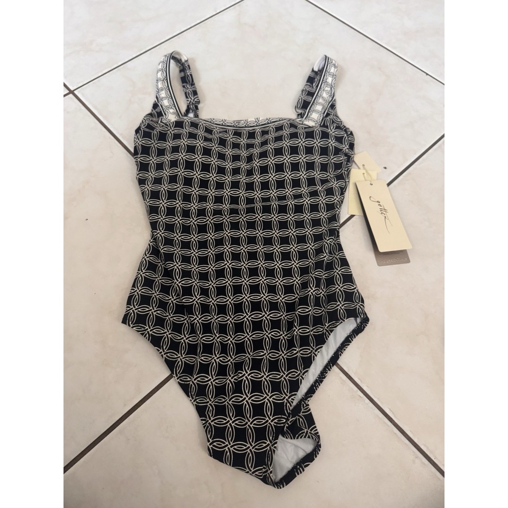 GOTTEX Black & Cream Golden Circles 1 Pc Square Neck Style Swimsuit Sz 8 NWT